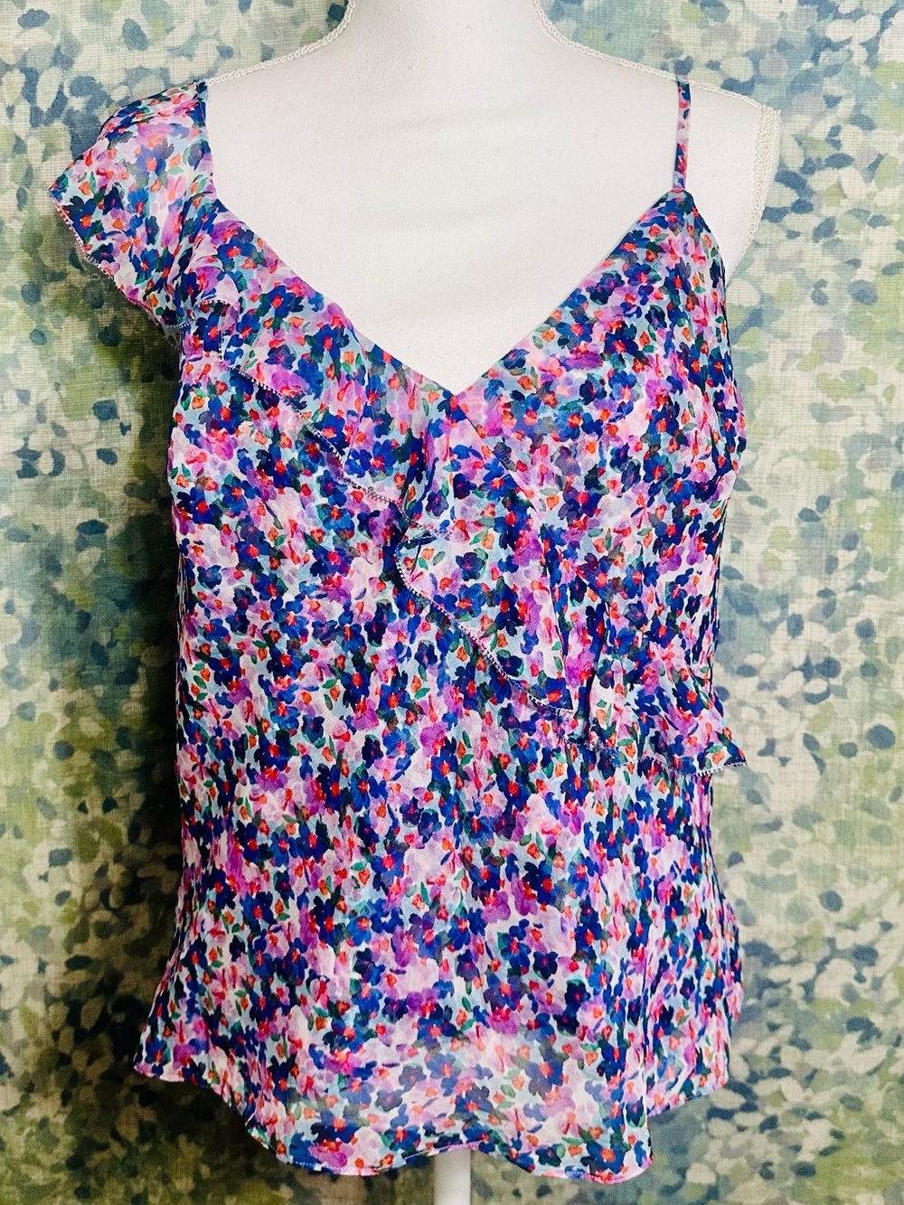 Veronica Beard Silk Floral Ruffle Cami Top Asymmetrical Sleeveless 6
